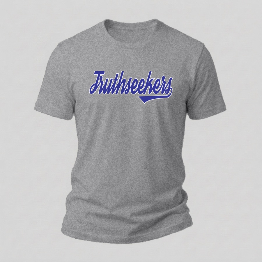 Varsity Script tee, Blue & White print on a heather grey shirt