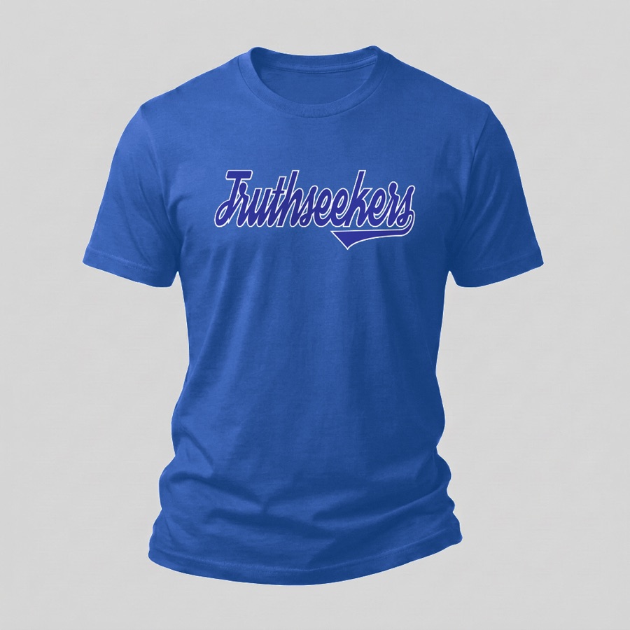 Varsity Script tee, Blue & White print on a royal blue shirt