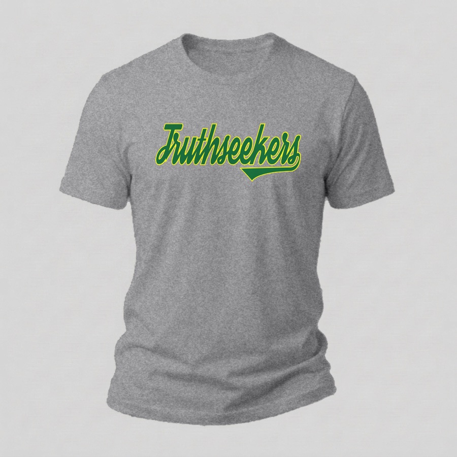 Varsity Script tee, Green & Yellow print on a heather grey shirt