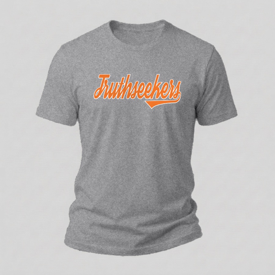 Varsity Script tee, Orange & White print on a heather grey shirt