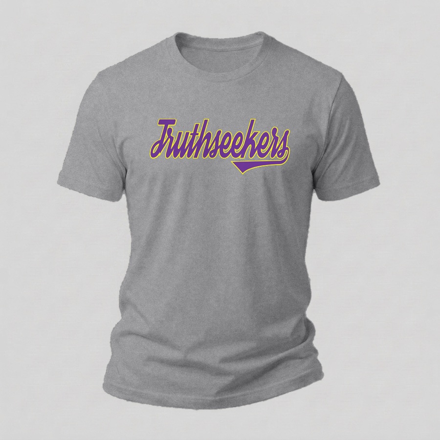 Varsity Script tee, Purple & Gold print on a heather grey shirt